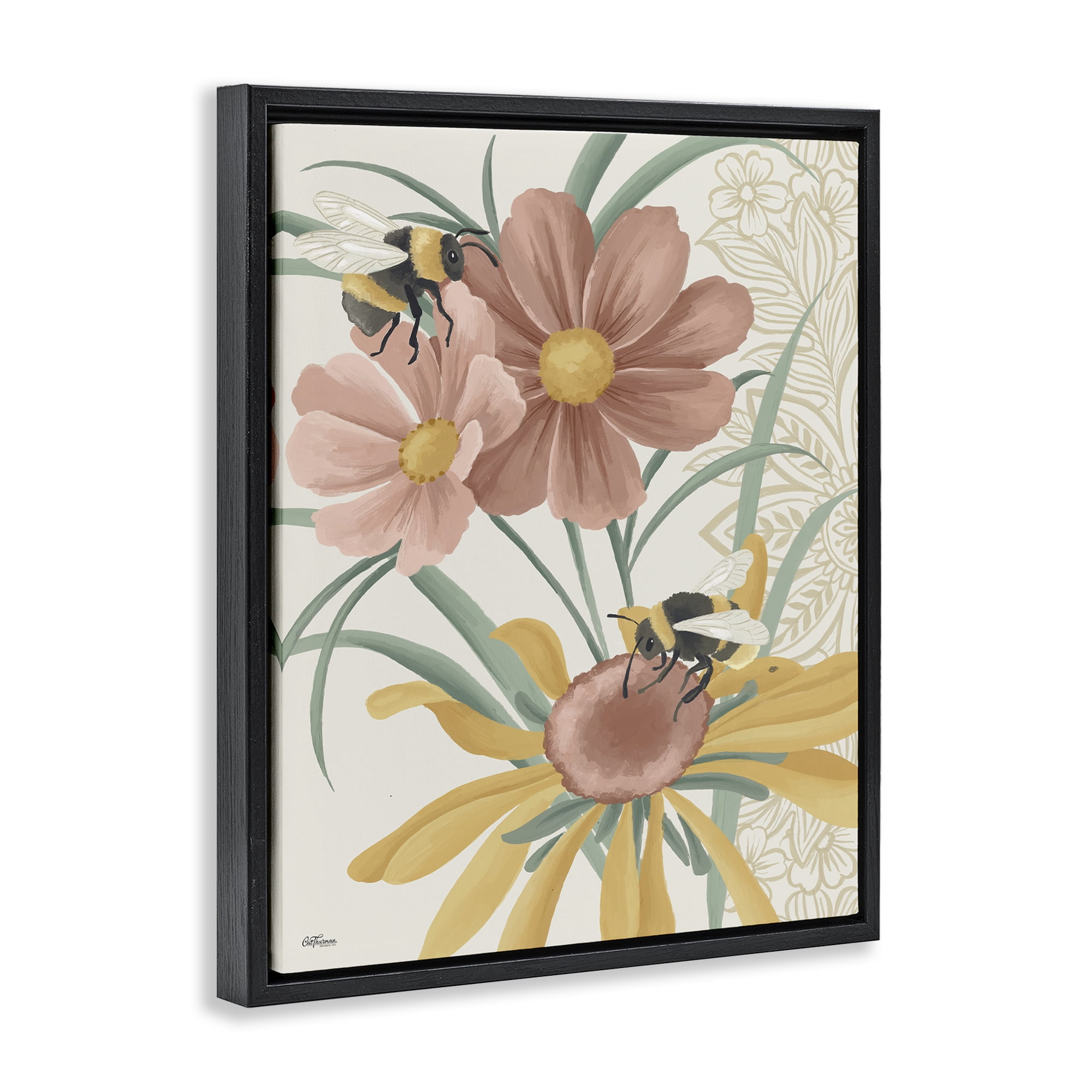 Stupell Industries Pollinating Bumble Bees Botanical & Floral Painting Black Floater Framed Art Print Wall Art, 25 x 31