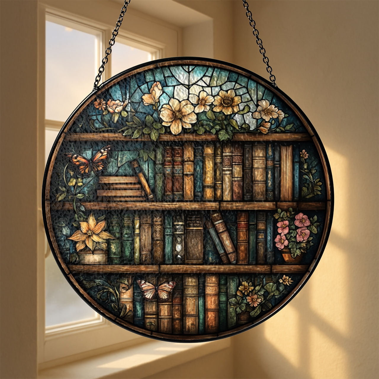 Fantasy Bookshelf Faux Stained Glass Window Suncatcher – Decorative Art