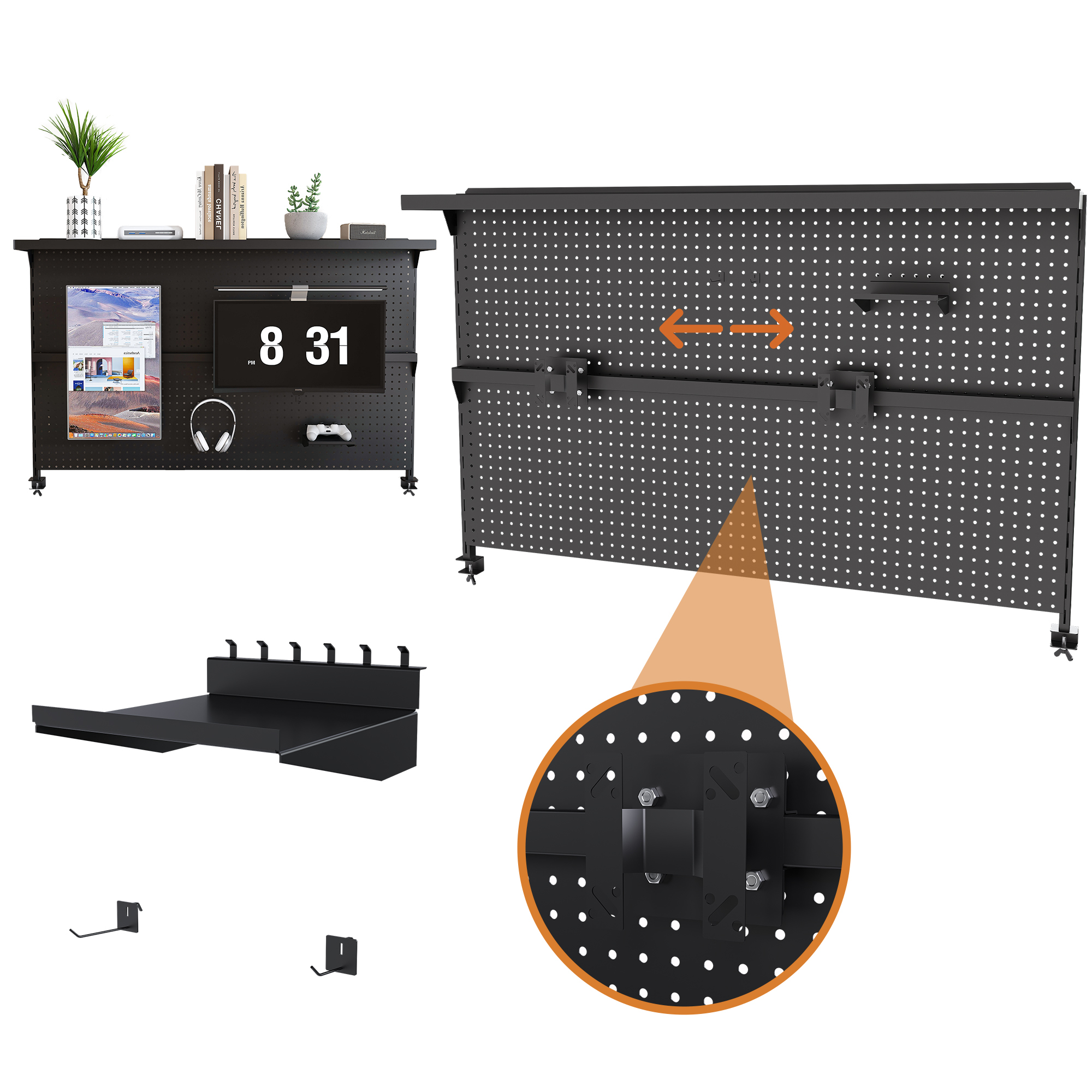 Montary Gaming & Office Desk Organizer with Dual Monitor Stand, 59x35" Metal Pegboard Privacy Panel, Black
