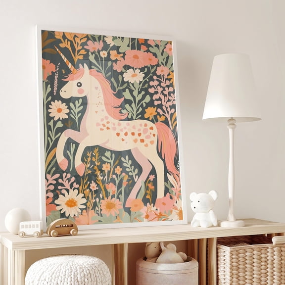 Unicorn Nursery Wall Art Room Flowers Print Colorful Decor Girl Printable Boho Playroom Illustration, Unframed Paper Poster 8x10in