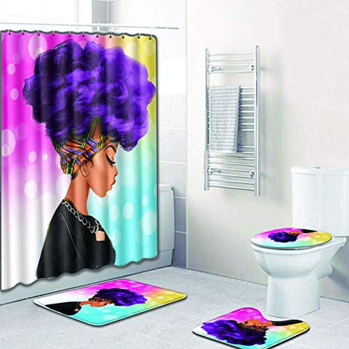 African Woman Bathroom Rugs Shower Mat Shower Curtain Bathmat Toilet Lid Cover 