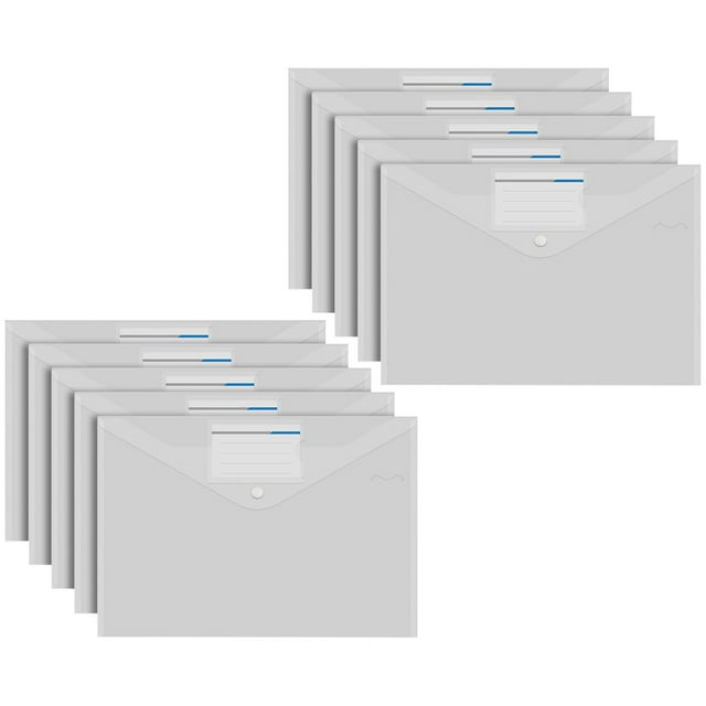 10PCS Plastic Filing Envelopes with Snap Button Closure, Clear Document Folders for Letter A4 Size Files, Waterproof PVC Document Pouch Filing Bags for Business Office Receipt Travel, 13"x9"