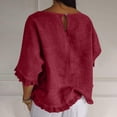thumbnail image 5 of Women T Shirts Summer Tops Solid Cotton and Linen Ruffle Pleated Hem Tops Round Neck Casual Shirt Tops Comfortable Shirts, 5 of 8