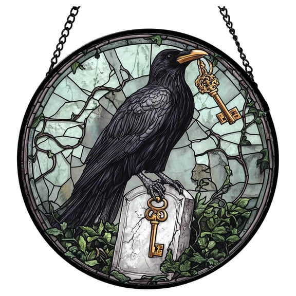 7.87 in Halloween Vintage Raven Acrylic Window Hanging, Stained Glass Style Crow Suncatcher Ornament, Gothic Spooky Tombstone Decor, Fall Holiday Gift