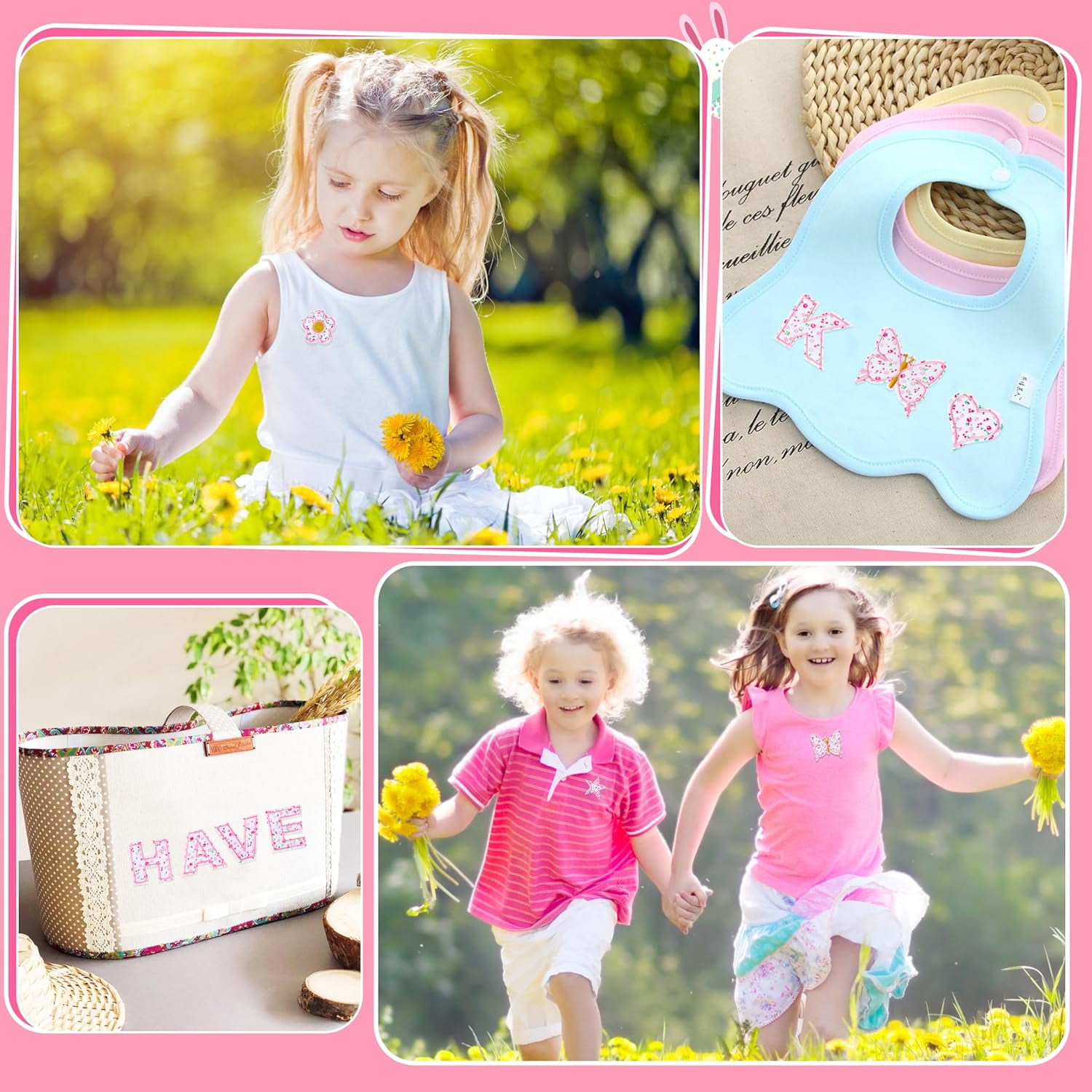 Letter Patches Self-Adhesive for Girls Clothing: Pink 60Pcs Flowers Butterfly Letters Patch Stickers - Cute Fabric A-Z Alphabet Applique Patches Stick on Jackets Hats Bags DIY Crafts