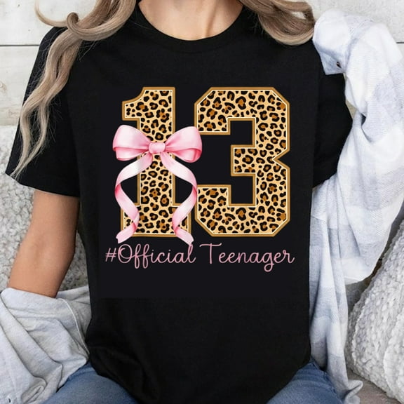 100% Cotton 13th Birthday Shirt Leopard Print Pink Bow Official Teenager T-Shirt for Girls 13 Year Old Birthday Gift Party Wear
