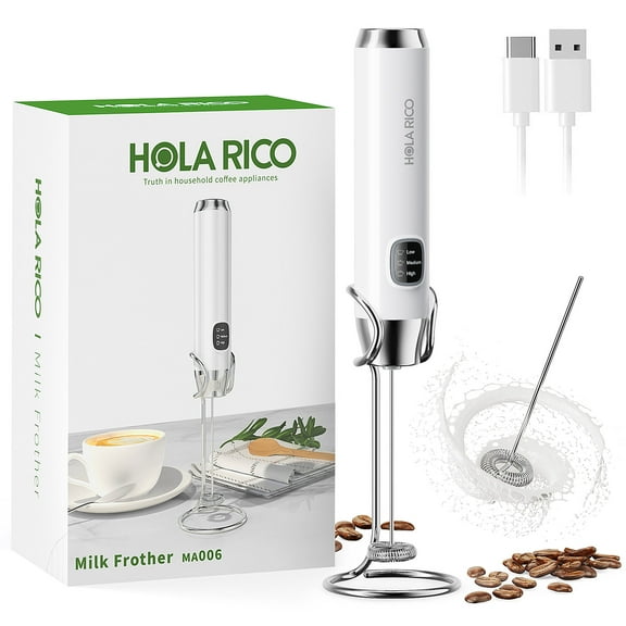 HOLA RICO Rechargeable Milk Frother with Stand, Handheld Electric Foam Maker Waterproof Detachable Stainless Steel Whisk Drink Mixer Foamer for Lattes, Cappuccino, 2 Whisks