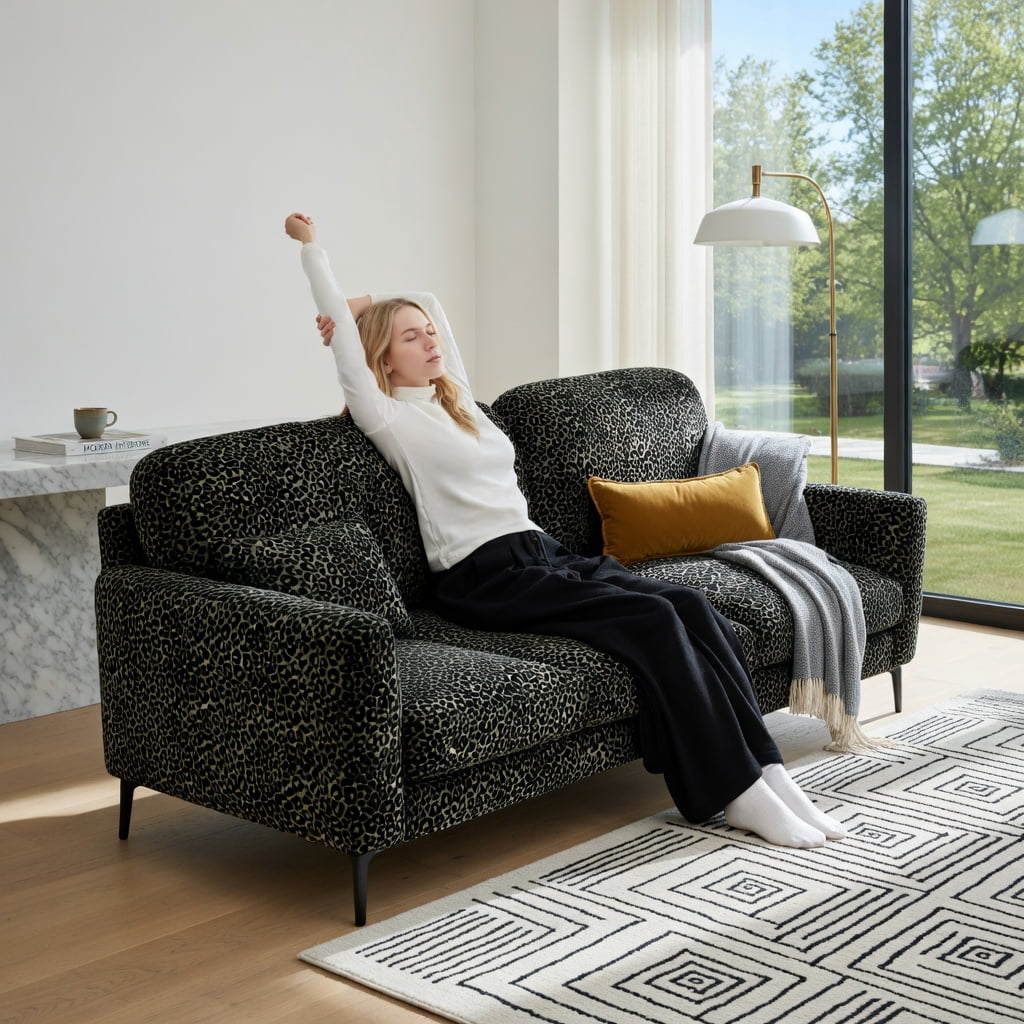 Hommoo 131" Modern Modular Leopard Print Chenille 4-Seat Sectional Sofa with Tassel Trim, Deep Ergonomic Seating & Easy Snap-Together Assembly, Green Black