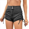 thumbnail image 3 of Shorts Vaqueros Ajustados Elásticos de Cintura Alta con Cordón y Fruncido para Mujer Gris Negro S, 3 of 9