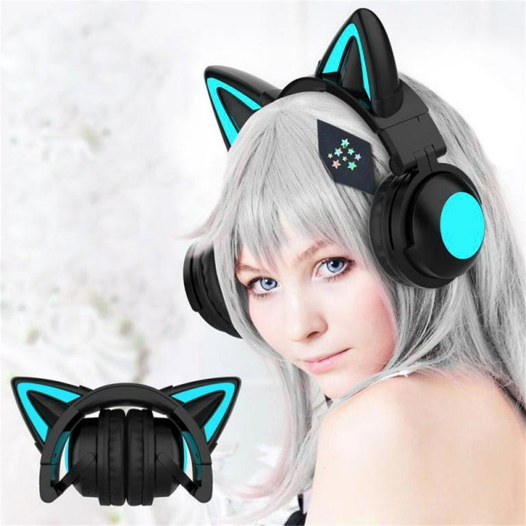 WQJNWEQ Foldable Cat Ear Headphones LED Wireless Bluetooth 5.0