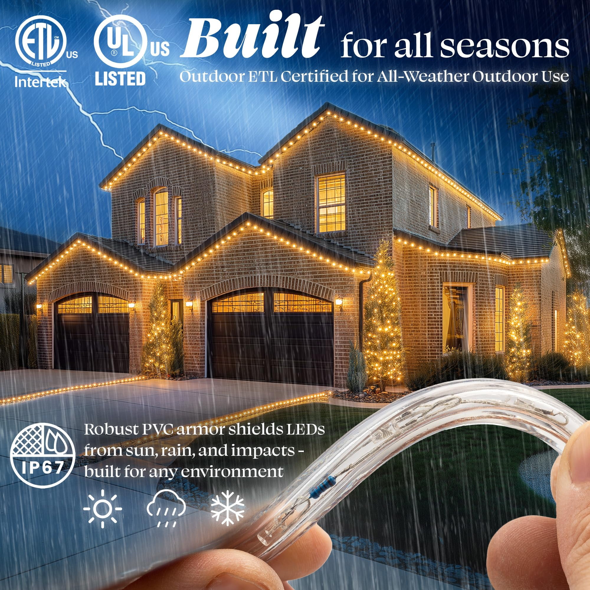 WYZworks 288LEDs, 25ft LED Warm White Rope Light, Connectable Outdoor Permanent Waterproof Accent Exterior Lighting, Flexible Clear PVC, ETL Certified, Holiday, Backyard Patio, Home, Decor