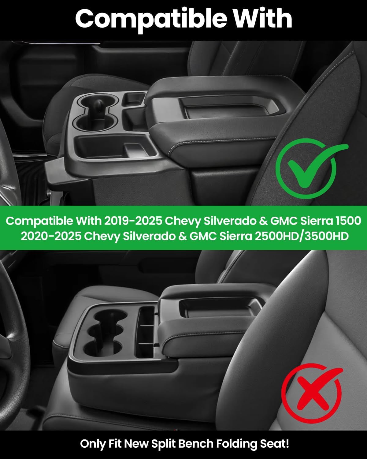 Center Console Organizer, 2PCS Storage Tray Compatible with 2019-2025 Chevy Silverado/GMC Sierra 1500 & 2020-2025 Silverado/Sierra 2500HD 3500HD (Split-Bench Folding Seat)-Black