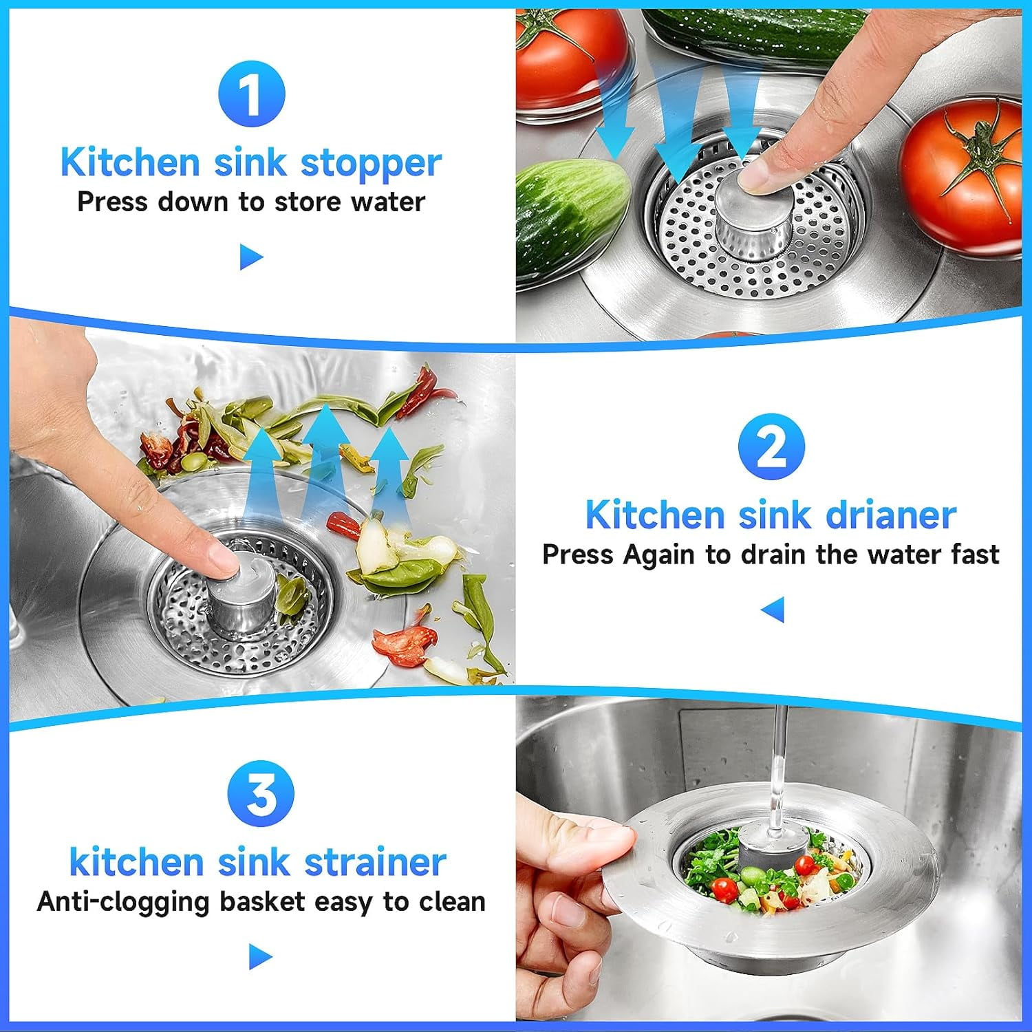 Xlhshop 3-in-1 Kitchen Sink Drain Strainer & Stopper Combo, Stainless Steel with Anti-Clogging Basket, Fits 3-1/2 Inch Drains