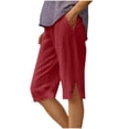 thumbnail image 2 of Cotton Linen Bermuda Shorts for Women Capri Pants Petite Pull on Knee Length Pants Summer Beach Long Shorts Beach Lounge Ladies Pedal Pushers 13" 14" 15" Inseam Red L, 2 of 8