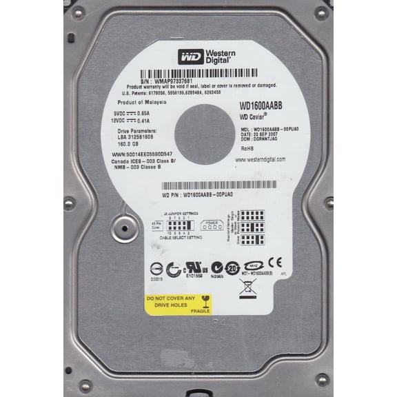 WD1600AABB-00PUA0, DCM DGRNNTJAG, Western Digital 160GB IDE 3.5 Hard Drive