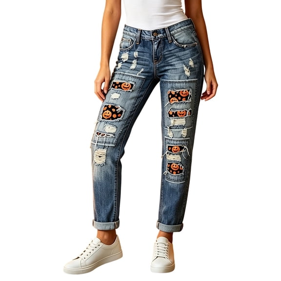NordicNest Halloween Pants for Women Style Holiday Printed Distressed Legging Straight Leg Casual Wear Orange,XXL