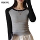 thumbnail image 2 of Camisetas de manga larga o corta a rayas con bloques de color para mujer, blusas casuales y cómodas, blusas de talla grande, 2 of 6
