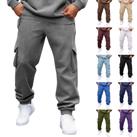 Basysin Men Jogger Cargo Pants Elastic Drawstring Waist With Pockets Trousers Solid Color Lounge Walking Jogging Outdoor Casual Workout Home