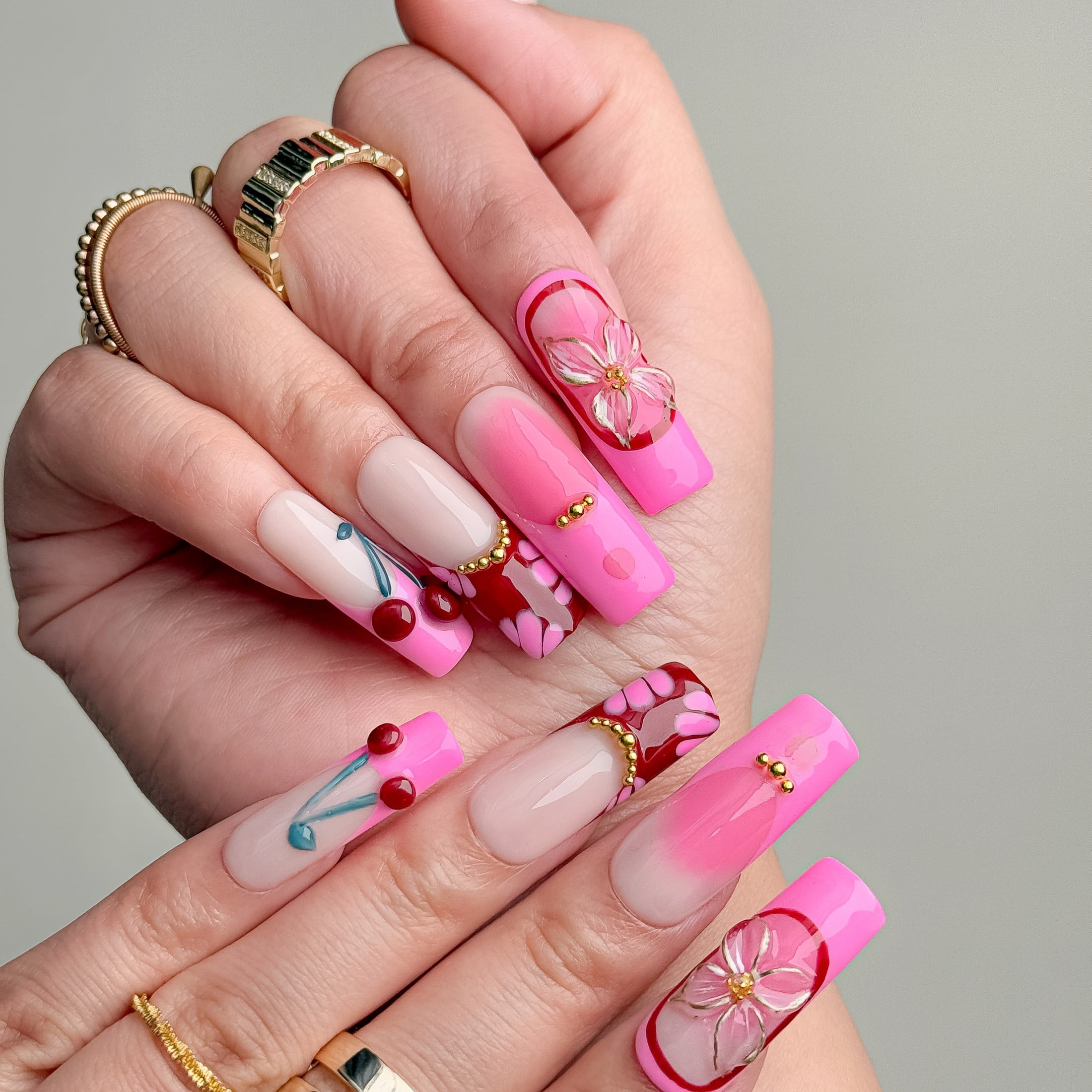Nailfairy Handmade Press-On Nails | Square Shape Sparkling Galaxy Pink Gradient Design, Reusable with Free Application Kit Included—Medium