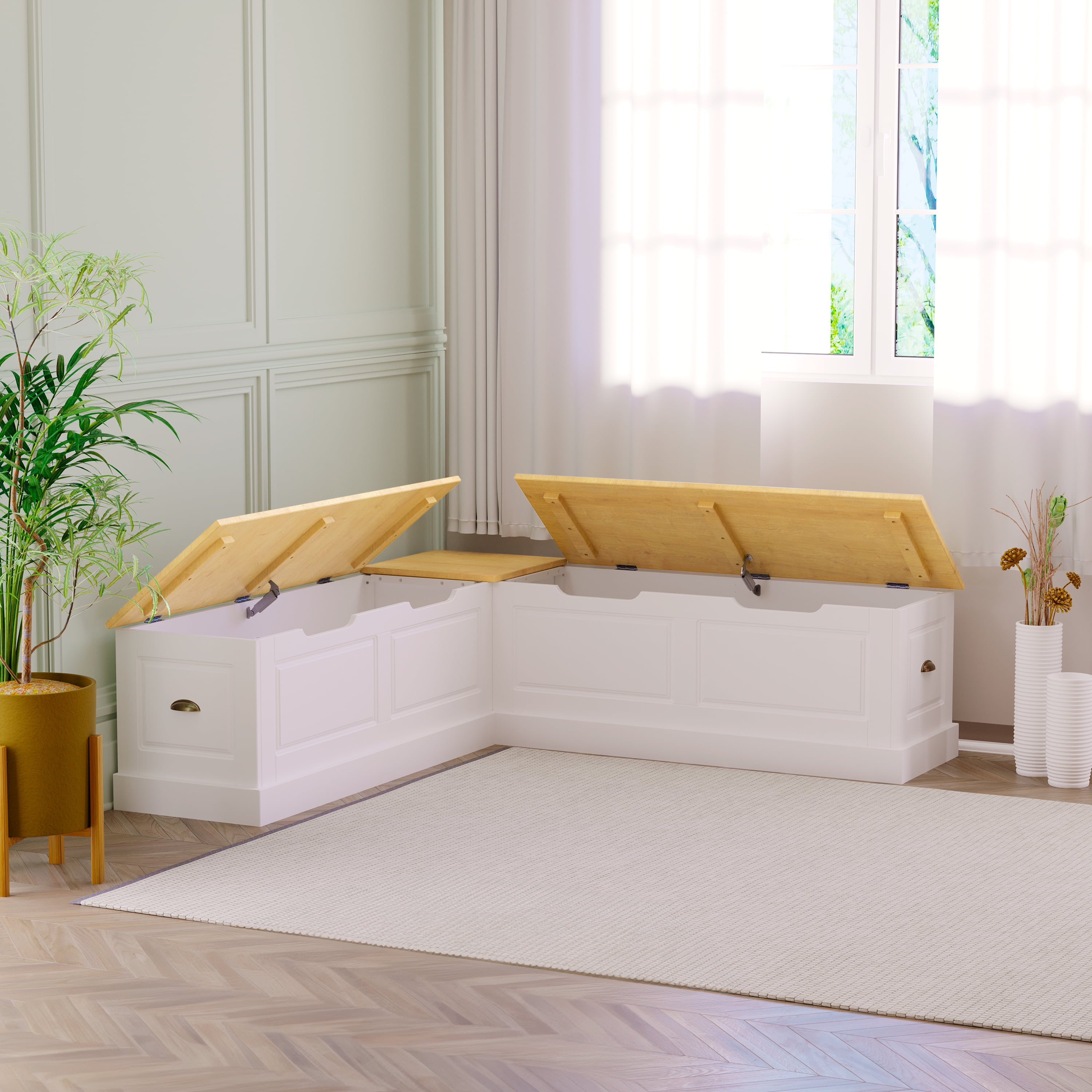 Linon Romero Casual Wood Corner Dining Breakfast Nook with Storage, White/Natural