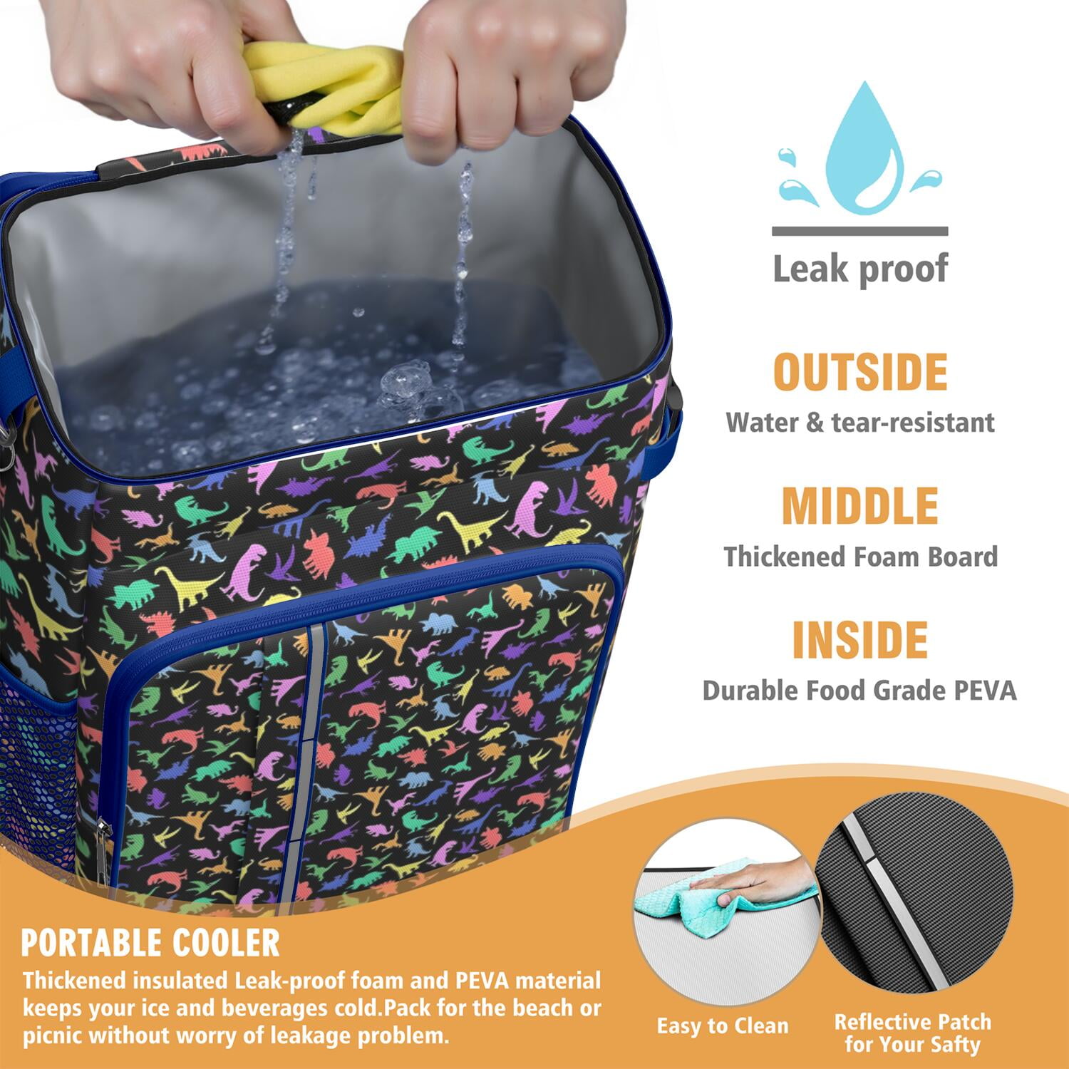 Travel Cooler Bag - Colorful Cartoon Dinosaurs RainbowColors Pattern Camping Beer Cooler Backpack with Bottle Opener- Waterproof Insulated Picnic Backpacks - Cooler Bag for Beach