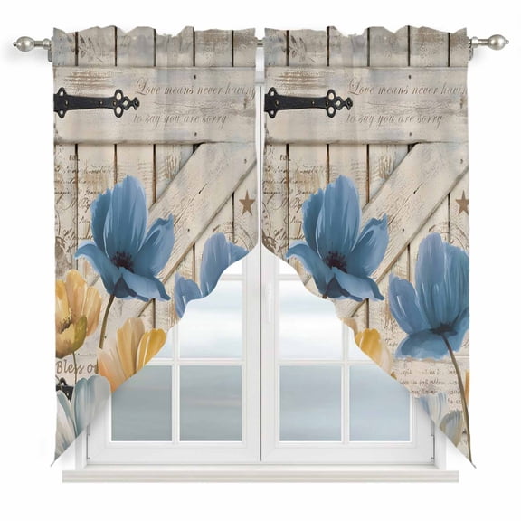 Blue Yellow Tulips Swag Curtains for Kitchen/Bedroom/Living Room, Retro Farmhouse Flower Barn Doors Wooden Scalloped Curtains 63 Inch Long, Window Swag Topper Curtains Valances 2 Panels Set 36"x63"