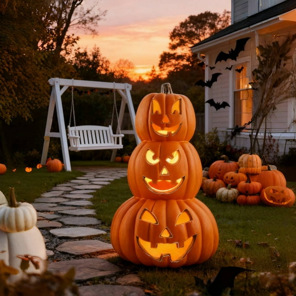 Halloween Pumpkin Lantern, 3-Tier 14" Waterproof LED Pumpkin Path Light for Outdoor & Indoor Halloween Yard, Fall Garden Decor