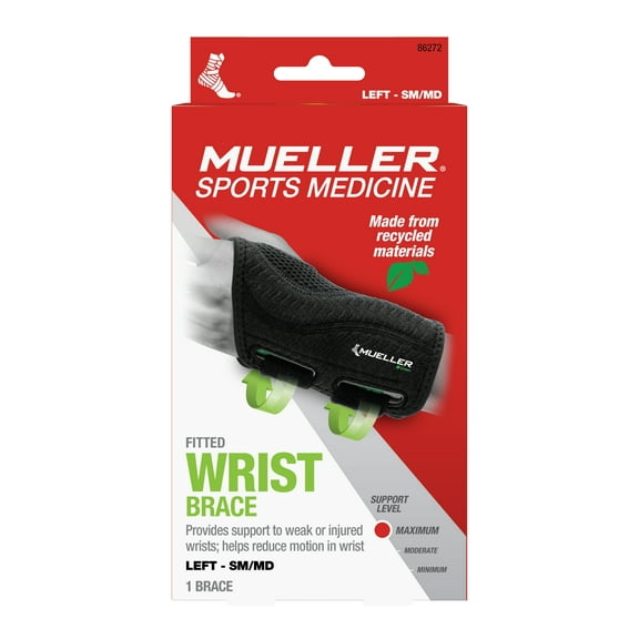 Mueller Green Fitted Wrist Brace, Left Hand, Unisex, Small/Medium, Black