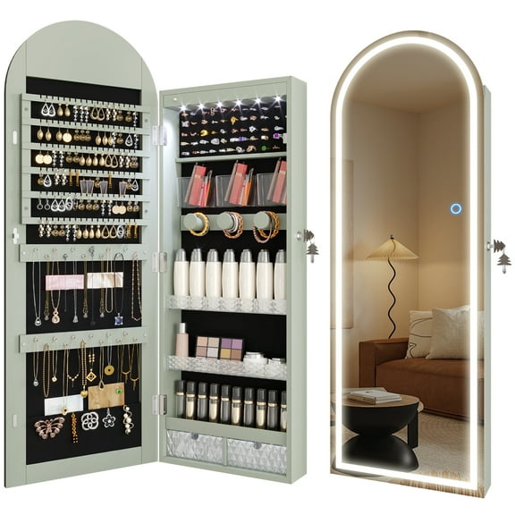 VKCC Arched Full Length Mirror Jewelry Cabinet, Wall Mounted Door Hanging Storage Organizer, LED Lights Lockable Jewelry Box, Green