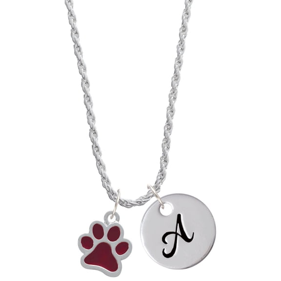 Delight Jewelry Silvertone Medium Translucent Maroon Paw Silvertone Script Initial Disc - A - Charm Necklace, 20" 3"