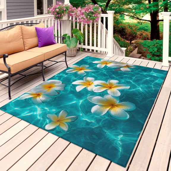 Plumeria Coastal Outdoor Rug 3x5 Ft, Non Slip Washable Area Rug, Summer Beach Turquoise Ocean Patio Rugs Carpet Runner, Large Floor Mat for Indoor/Outdoor Deck Porch Camping