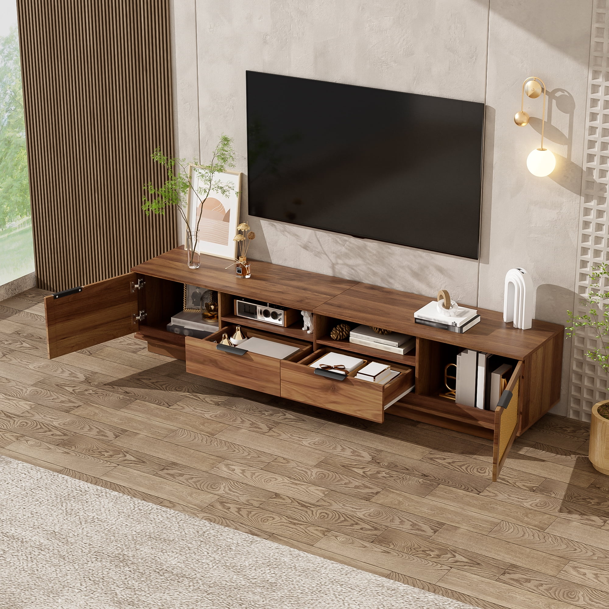 TV Stand for TVs up to 85 Inch, Rattan Media Console with 2 Drawers & Open Shelves, Entertainment Center with Storage Cabinets for Living Room