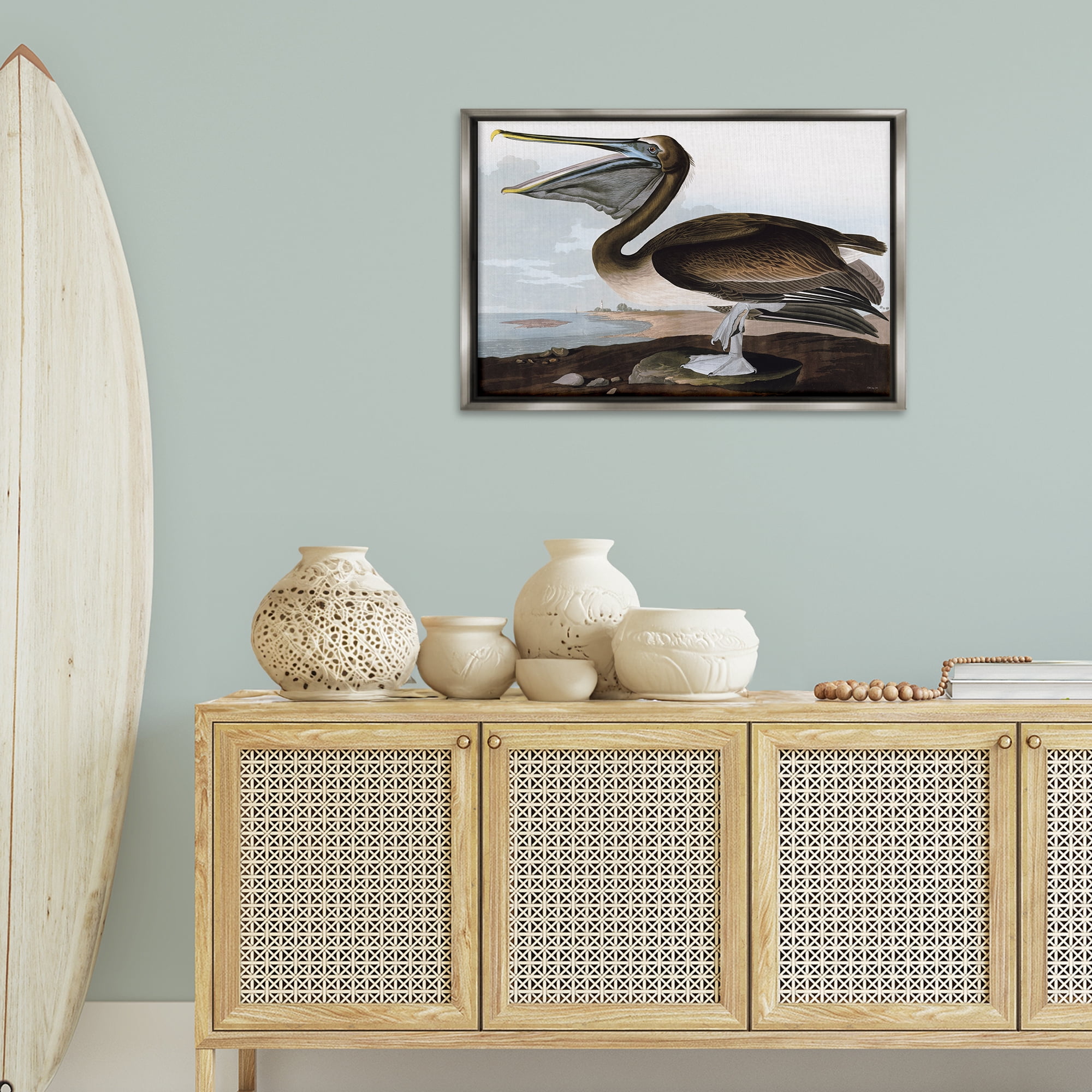 Stupell Industries Classic Pelican at Beach Animals & Insects Painting Gray Floater Framed Canvas Art Print Wall Art, 31 x 21