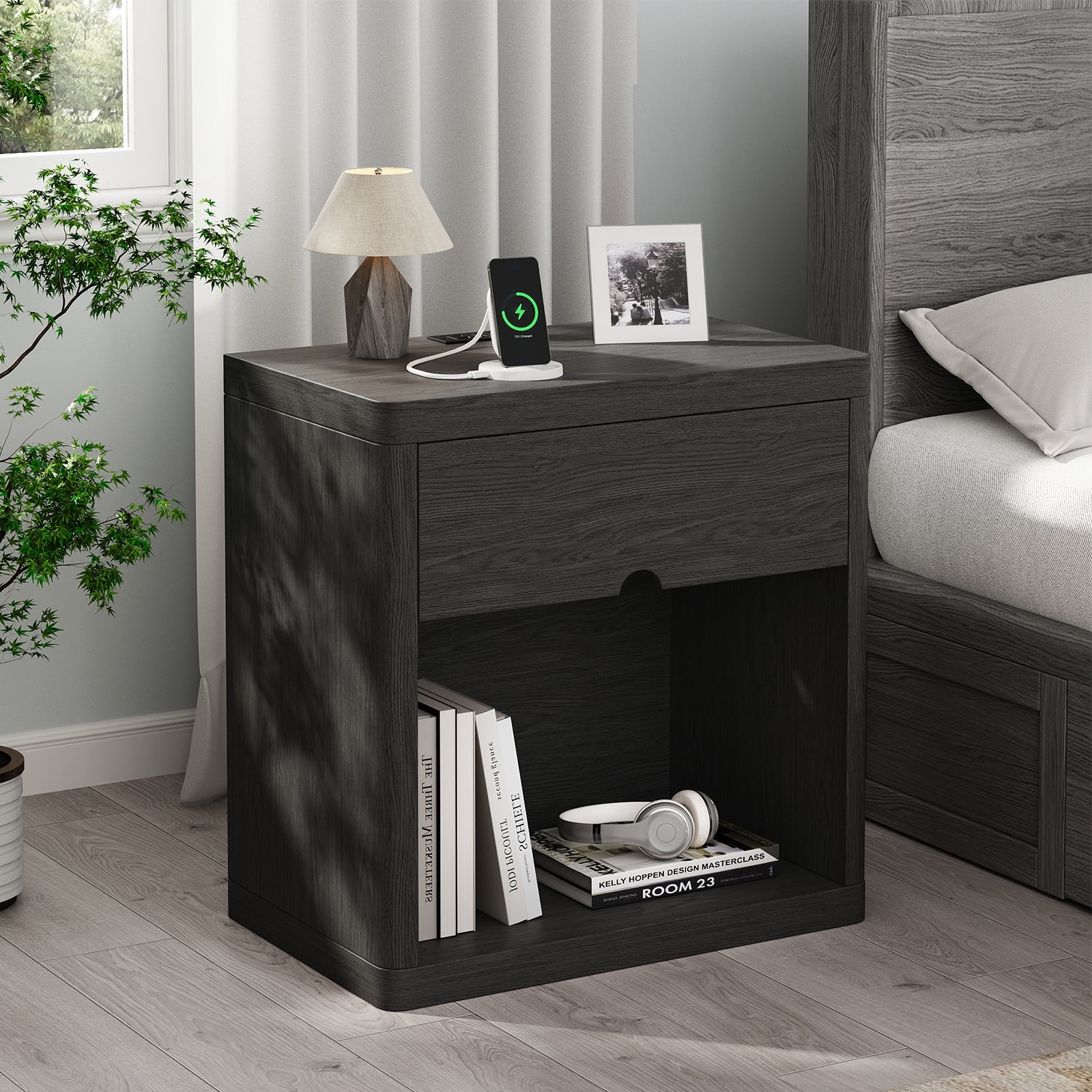 IDEALSOUL Nightstand Set of 2, Nightstand with Charging Station, 24inch Bedside Table with Curved Top Corners, Crescent Shaped Buckle, Wooden End Table for Bedroom Living Room (2pcs, Black)