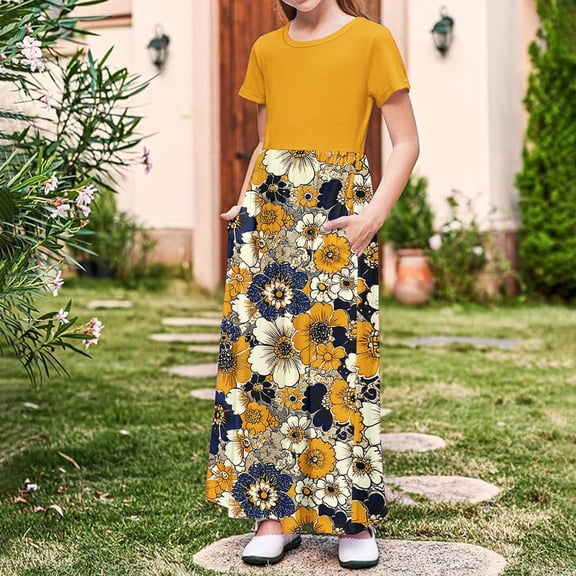 Riecok Tween Girls Simple Flower Artwork Sleeveless Vest Dress Kids Casual Summer Outfit Fashionable Clothing Cute Dress Yellow 5 Years