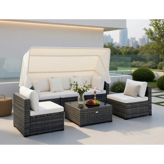 Topcobe 6 Pieces Patio Rattan Furniture Set with Retractable Canopy, Modern Patio Furniture Set