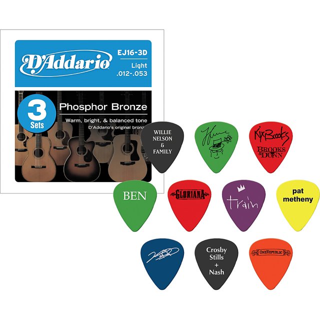 D'Addario EJ16 Acoustic Guitar Strings 3Pack with Free Picks