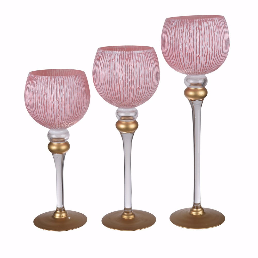 Adorning Glass Shaped Candle Holders, Set of 3, Pink and White