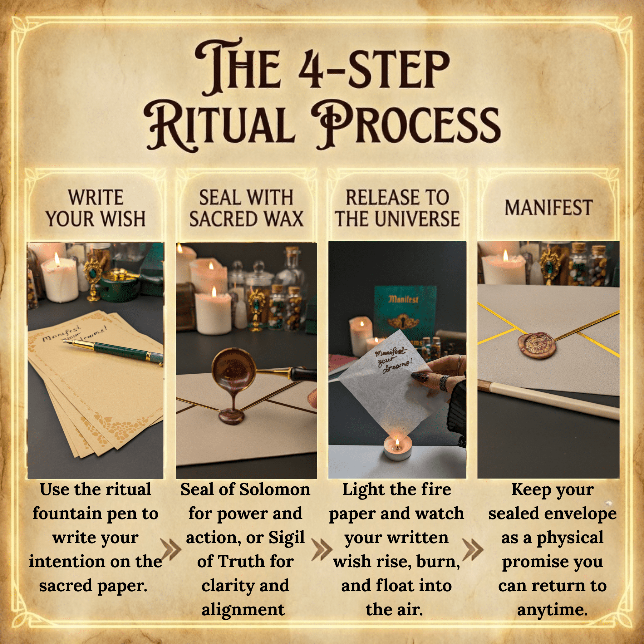 Manifestation Kit with Fire Paper & Wax Seal Stamps – Sigil Ritual Tools