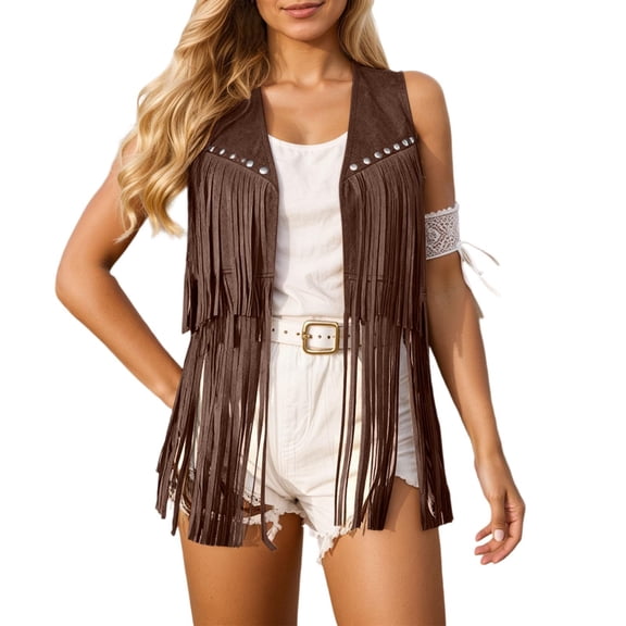 Fringe Vest Like Sleeveless Jacket Outerwear Casual Open Front Layering Piece For Fall