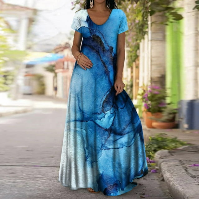 CEHVOM Robe Maxi Bohème Décontractée d'Été pour Femme à Manches Courtes, Col Rond, Imprimée, Longueur Cheville