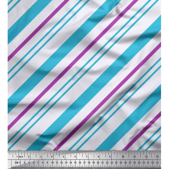 Soimoi Blue Japan Crepe Satin Fabric Diagonal Stripe Print Fabric by Yard 42 Inch Wide