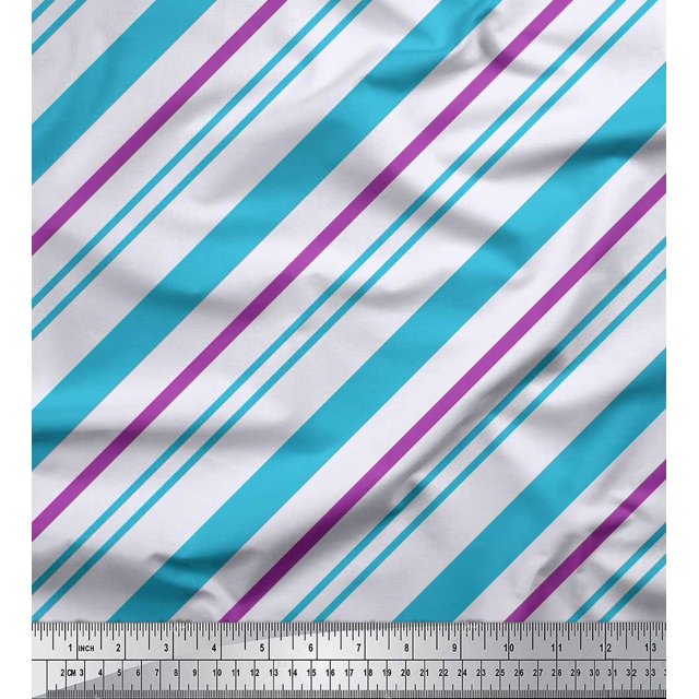 Soimoi Blue Poly Georgette Fabric Diagonal Stripe Print Fabric by Yard 52 Inch Wide