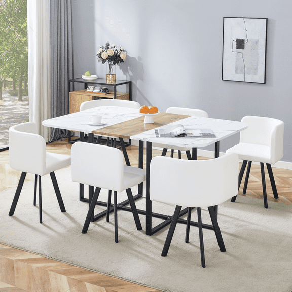 TesNus Rectangular Dining Table Set for 6, White Table with Cushioned Chairs, 7-Piece for Dining Room Kitchen