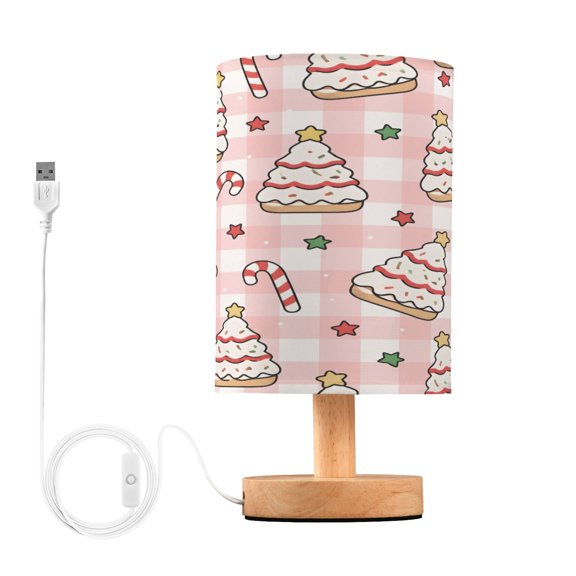 Christmas Tree Cookie Checked Table Lamp, Fully Dimmable Nightstand Lamp with USB and Linen Fabric Shade, Modern Gifts for Bedroom, Living Room, Office