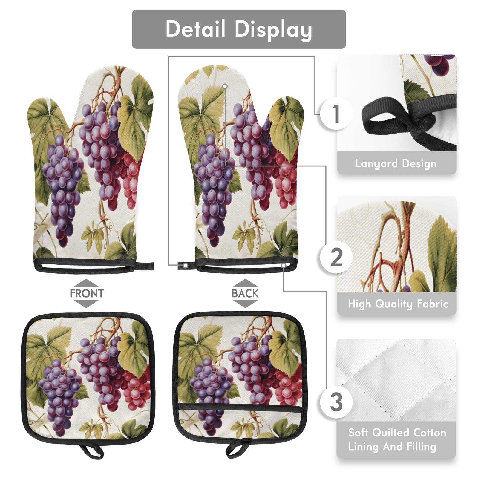 CURLYOOT Vintage Grapes Vine Oven Mitts and Pot Holders Sets of 2, Non-Slip Washable Hot Pads and Oven Gloves for Kitchen Cooking Baking