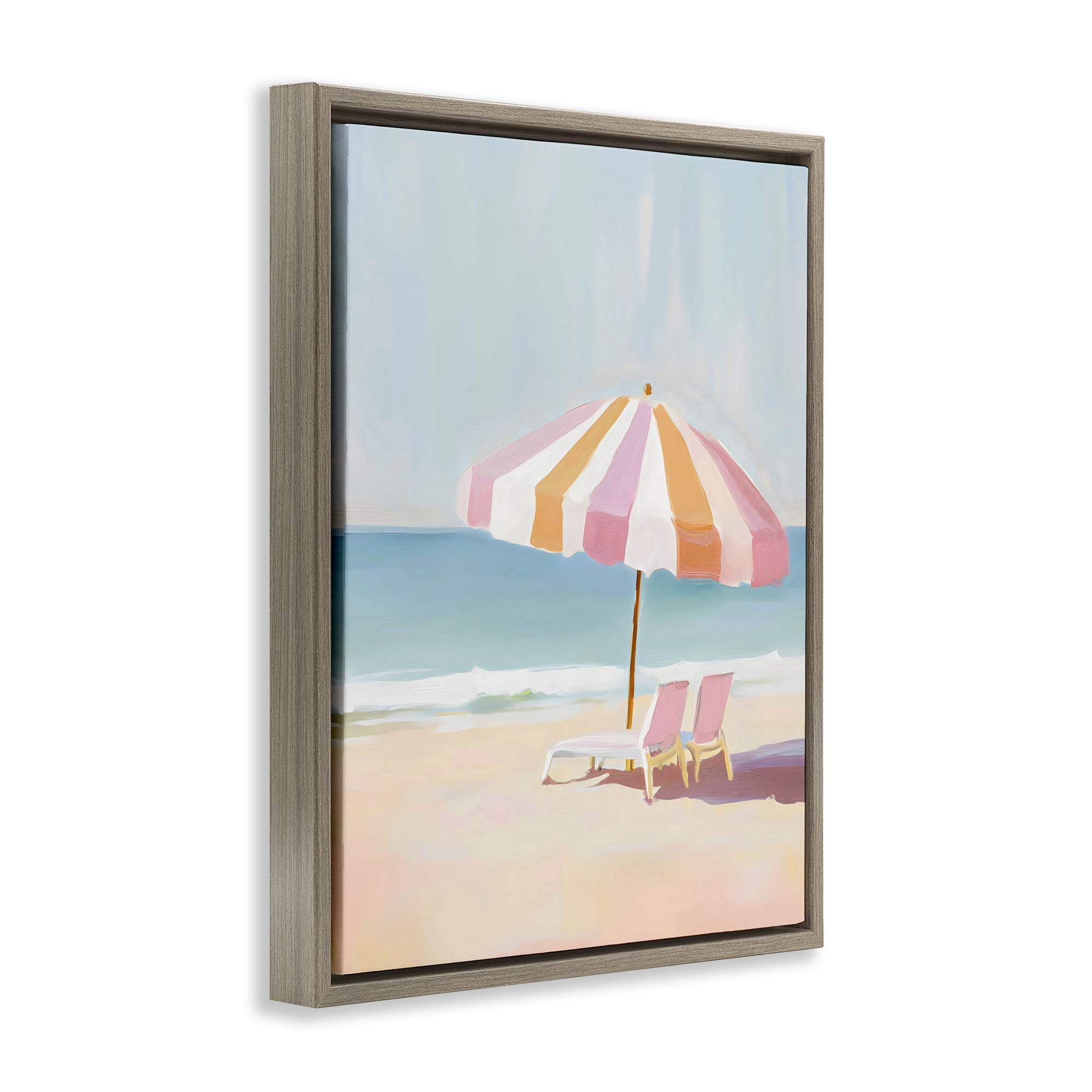 Stupell Industries Striped Umbrella & Chairs Brown Framed Floater Canvas Wall Art, design by The Prints Vibe