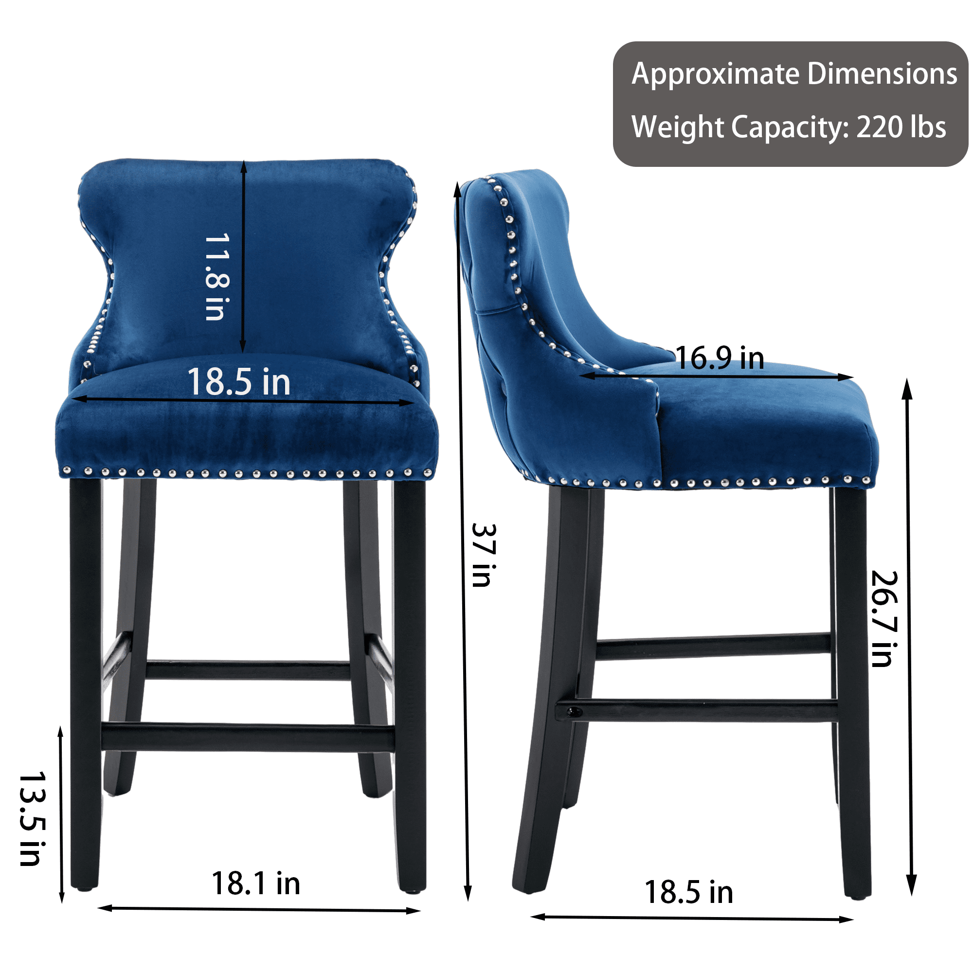 Velvet Counter Height Upholstered Barstools, Bar Stools Seat Height 27", Counter Height Armless Bar Chairs Button Tufted with Solid Wood Legs and Footrest for Kitchen Island Bar Area (Set of 2)