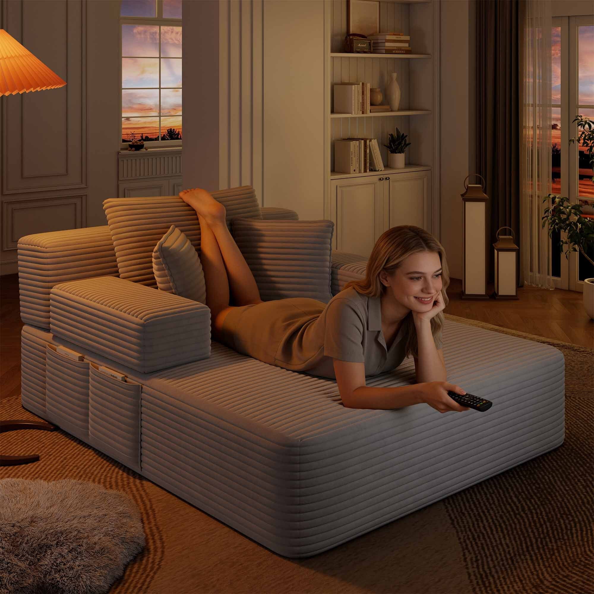 Lunale Boneless Chaise Lounge Chair Indoor, Oversized Convertible Sofa Bed, Cloud Corduroy Sofa Chair for Living Room, Light Gray