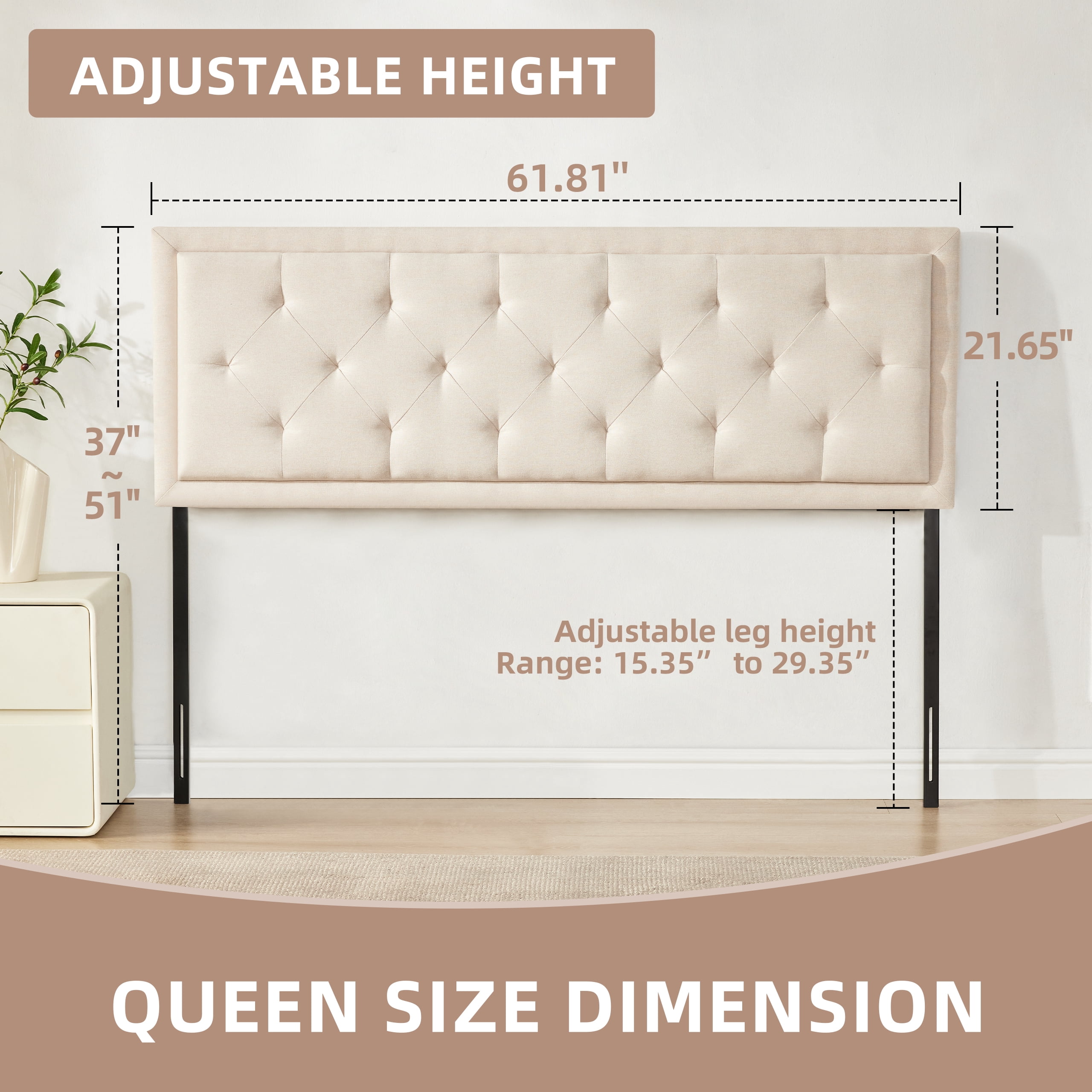 Weture Upholstered Queen Panel Headboard, Adjustable Height, Beige